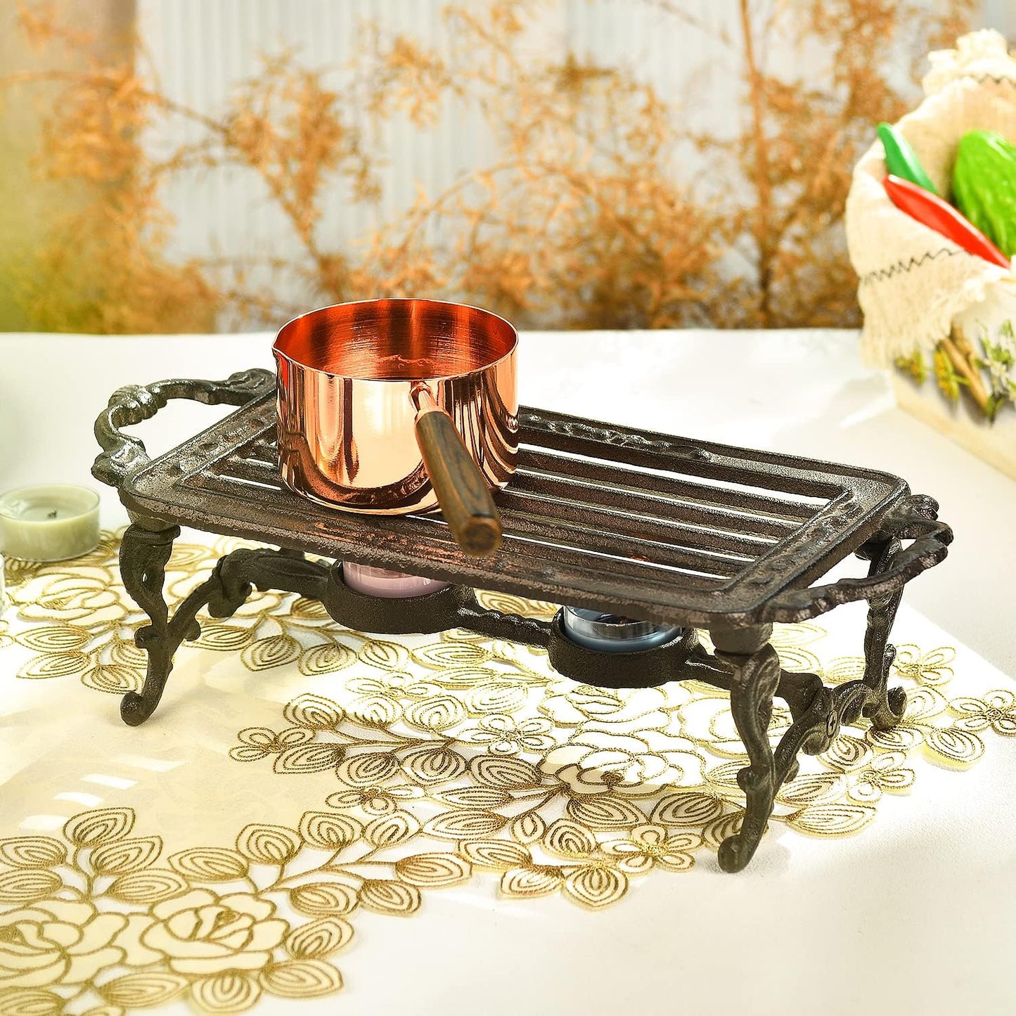 Sungmor Heavy Duty Cast Iron Teapot Dish Warmer Stable Holder for Tealight Stand | Tealight Warmer Decorative Stove for Villa Yard Balcony-Rectangle