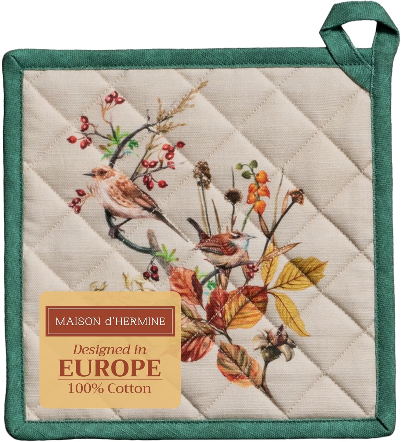 Maison d' Hermine Pot Holders 100% Cotton Heat Resistant Potholders 8" x 8" Hot Pads with Loop BBQ, Cooking, Baking, Grilling, Kitchen, Handling Hot Pans (Pack of 1, Recolte)