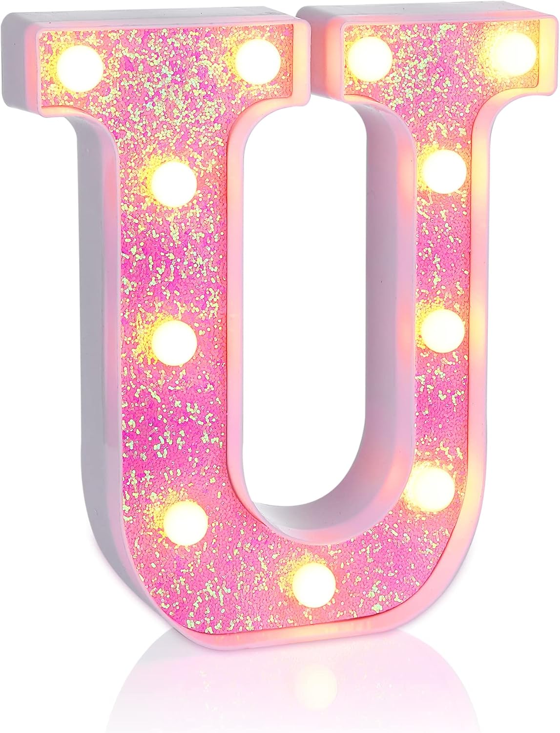 Foaky Pink Light up Letters，Pink Party Decorations,Girls Room Decor,Glitter Light Up Letters,Alphabet Letter Sign for Night Light Birthday Party Girls Gifts, Home Bar Decoration（U）