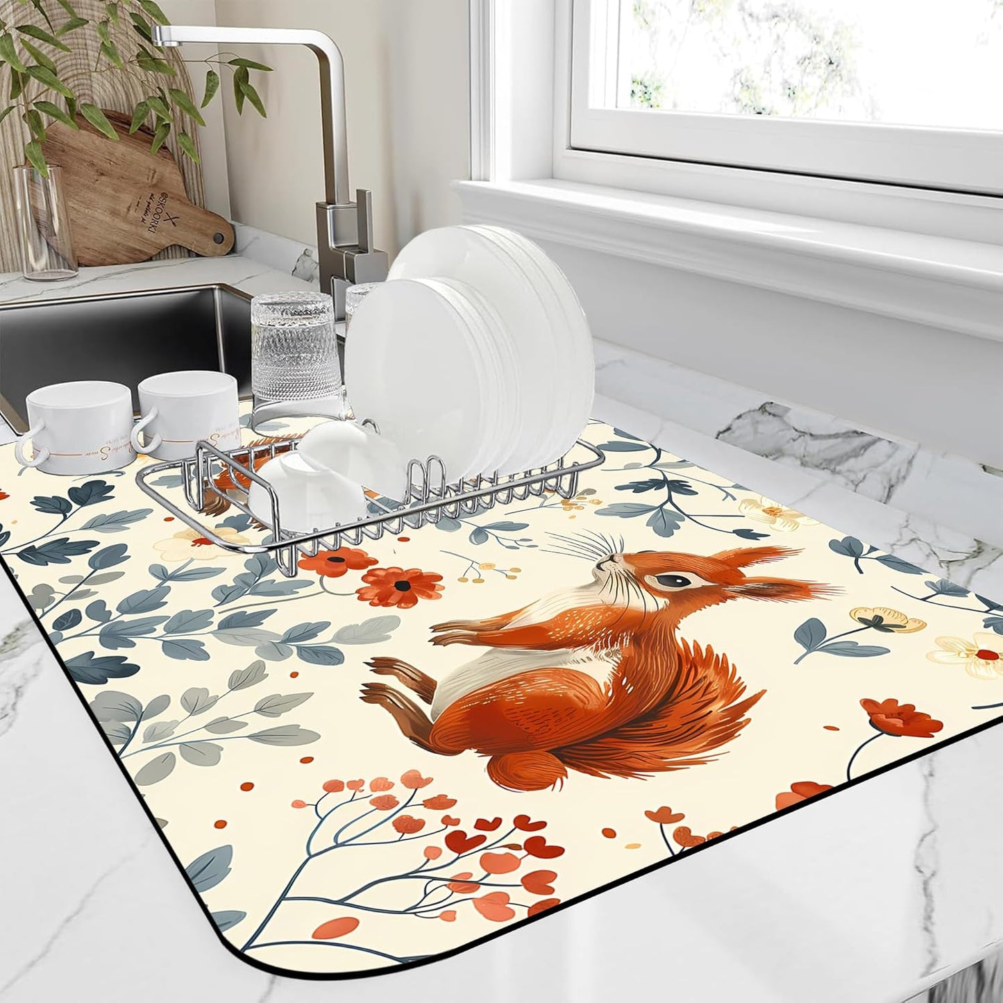 Dish Drying Mat Squirrel in the Flowers Kitchen Mat 16"x24" Bsorbent Coffee Maker Mat for Dishes,Utensils Coffee Maker Pots and Pans Easy Clean Dish Slip Resistant Pad