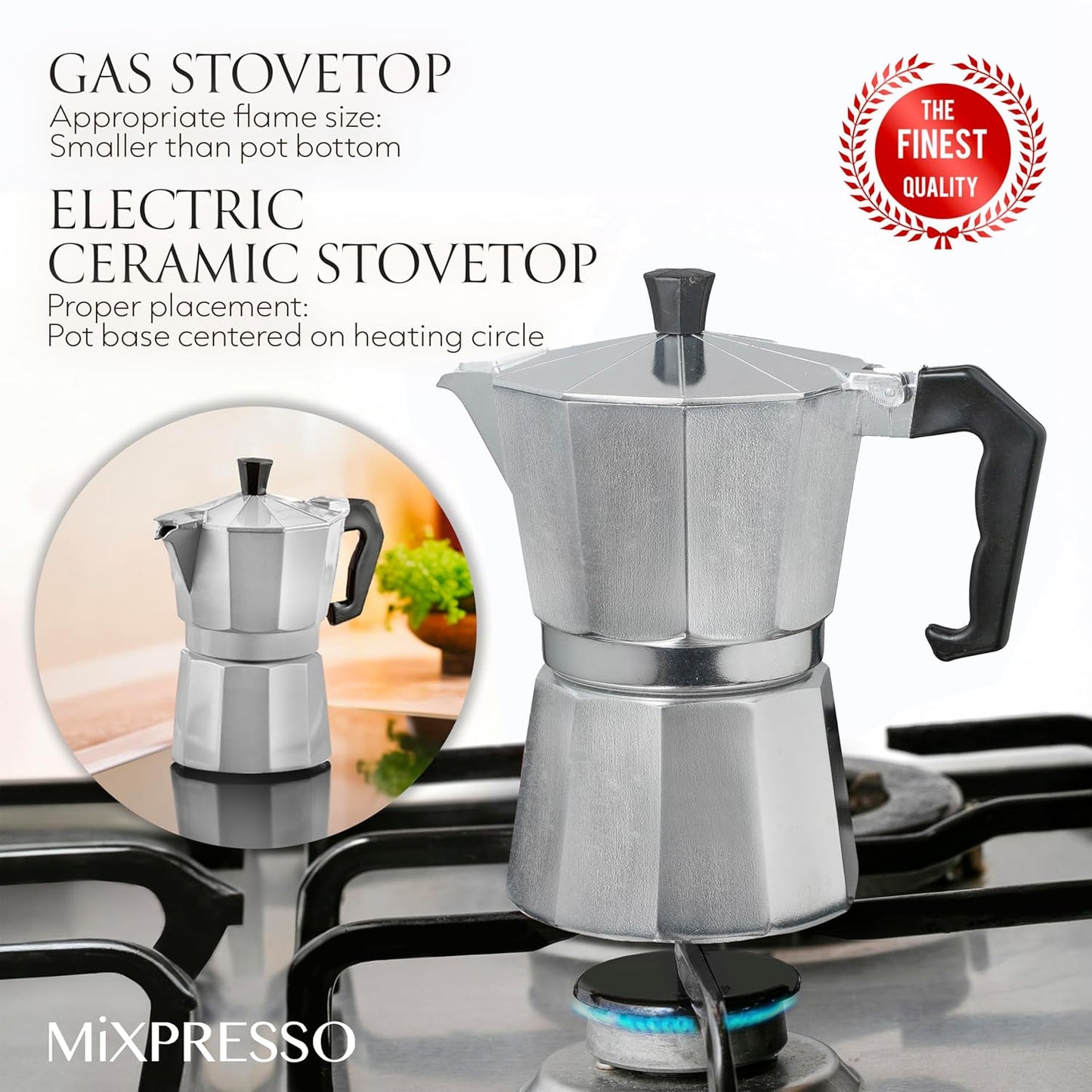 Mixpresso 3 Cup Moka Pot Cuban Coffee Maker, Moka Pot for Gas, Electric Stove Top, Classic Italian Coffee Maker, Stovetop Espresso Maker, Camping Pot Makes 3 Espresso Cup 5 Oz