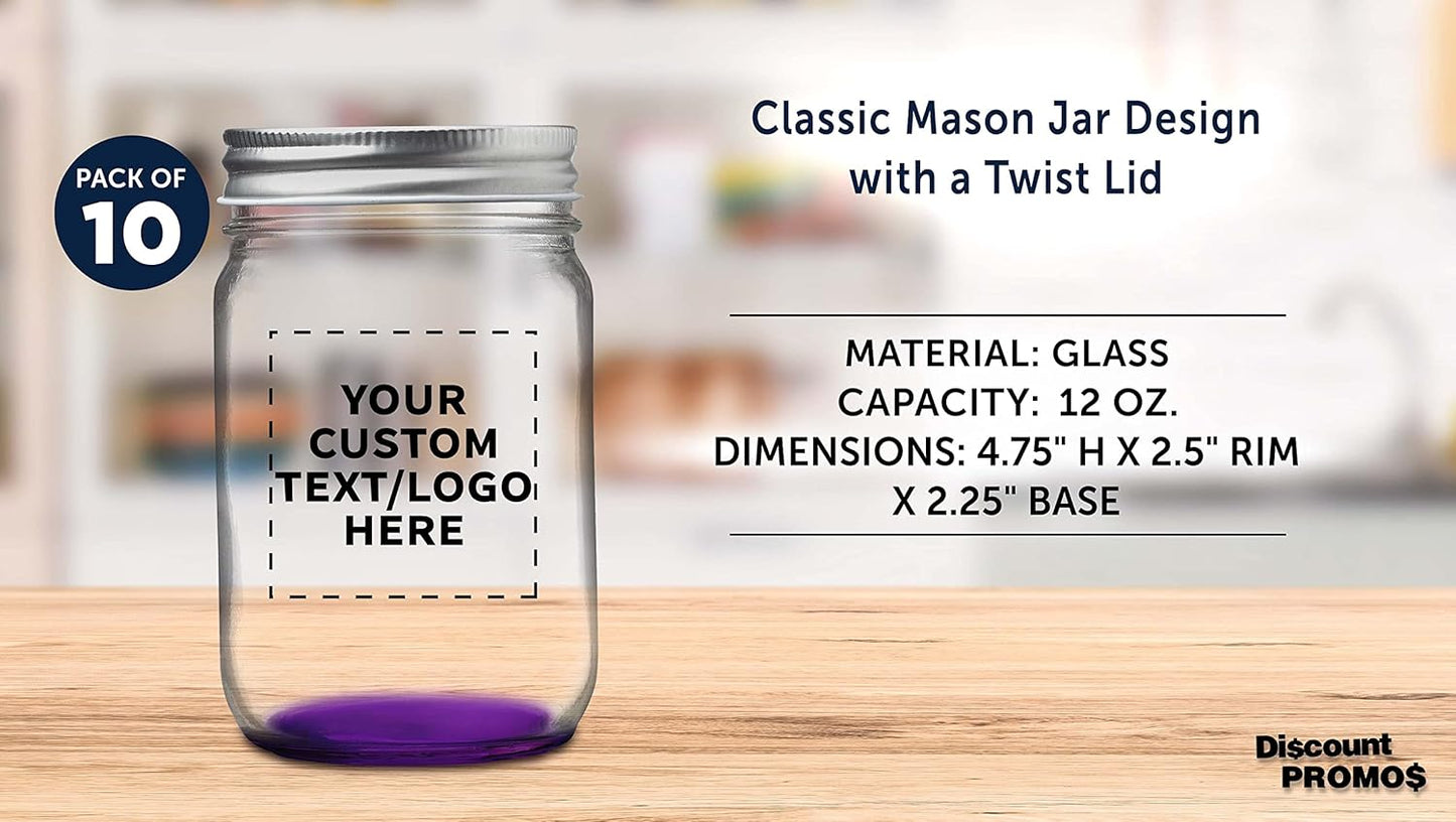 DISCOUNT PROMOS 10 Decorating Mason Jars Set, 12 oz. - Customizable Text, Logo - Canning, Aluminum Lid - Purple