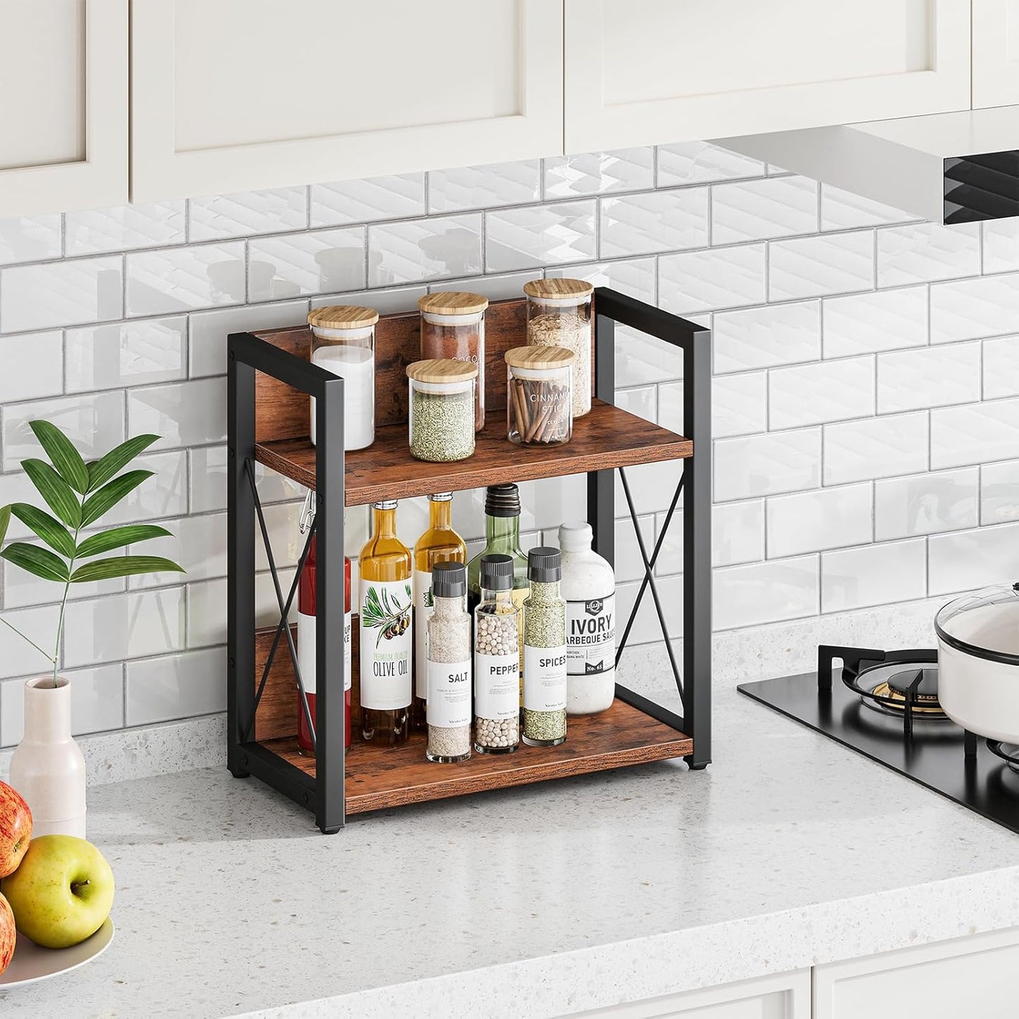 Giikin Counter Shelf Organizer, 2 Tier Kitchen Spice Rack for Countertop, Wood Coffee Counter Organizer for Home (Rustic Brown, L)