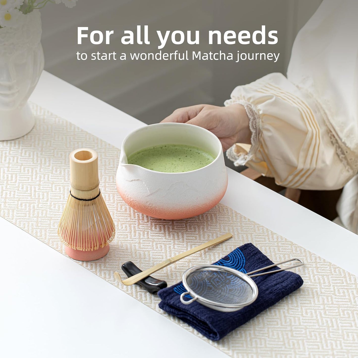 TEANAGOO 7 Pcs Matcha Whisk Set,Pink Matcha Set, Matcha Kit for Ceremony, Matcha Tea Set for Making Breakfast/Latte, Matcha Whisk and Pink Bowl with Scoop&Sifter, Gift for Matcha Lover