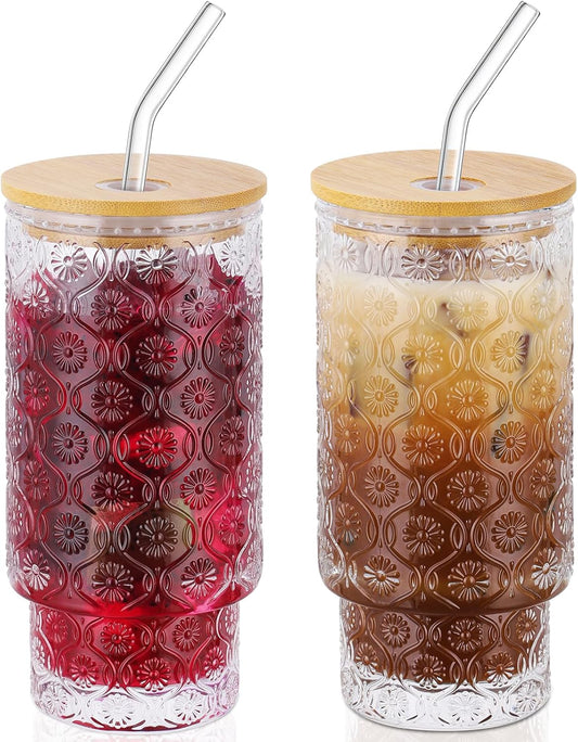 16 Oz Glass Cups Set of 2, Vintage Embossed Floral Glass Tumbler, Iced Coffee Cups with Lid, for Whiskey Cocktail Beer (2 PACK)