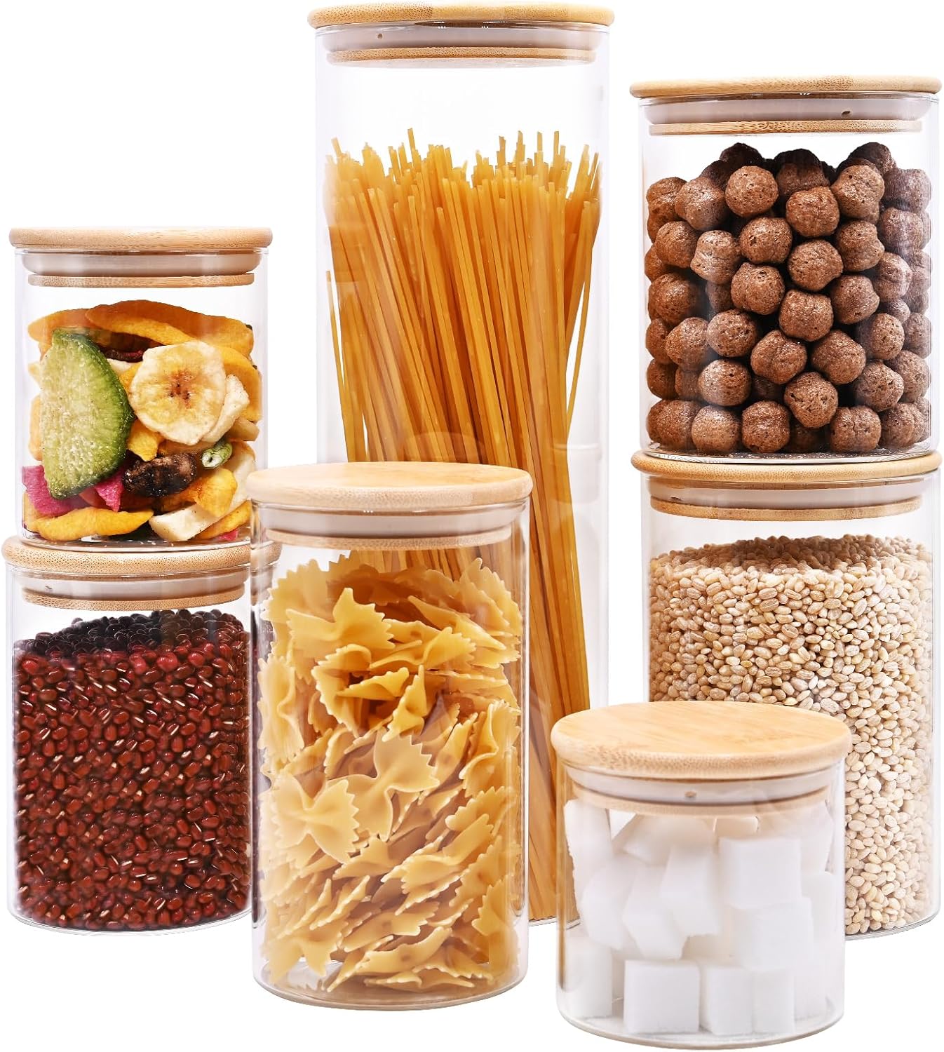 Glass Food Storage Jars, Glass Jars with Bamboo Lids, Kitchen Storage Jars, Canisters with Airtight Lids for Spice, Coffee, Cookie, Set of 7, Pantry Organizers