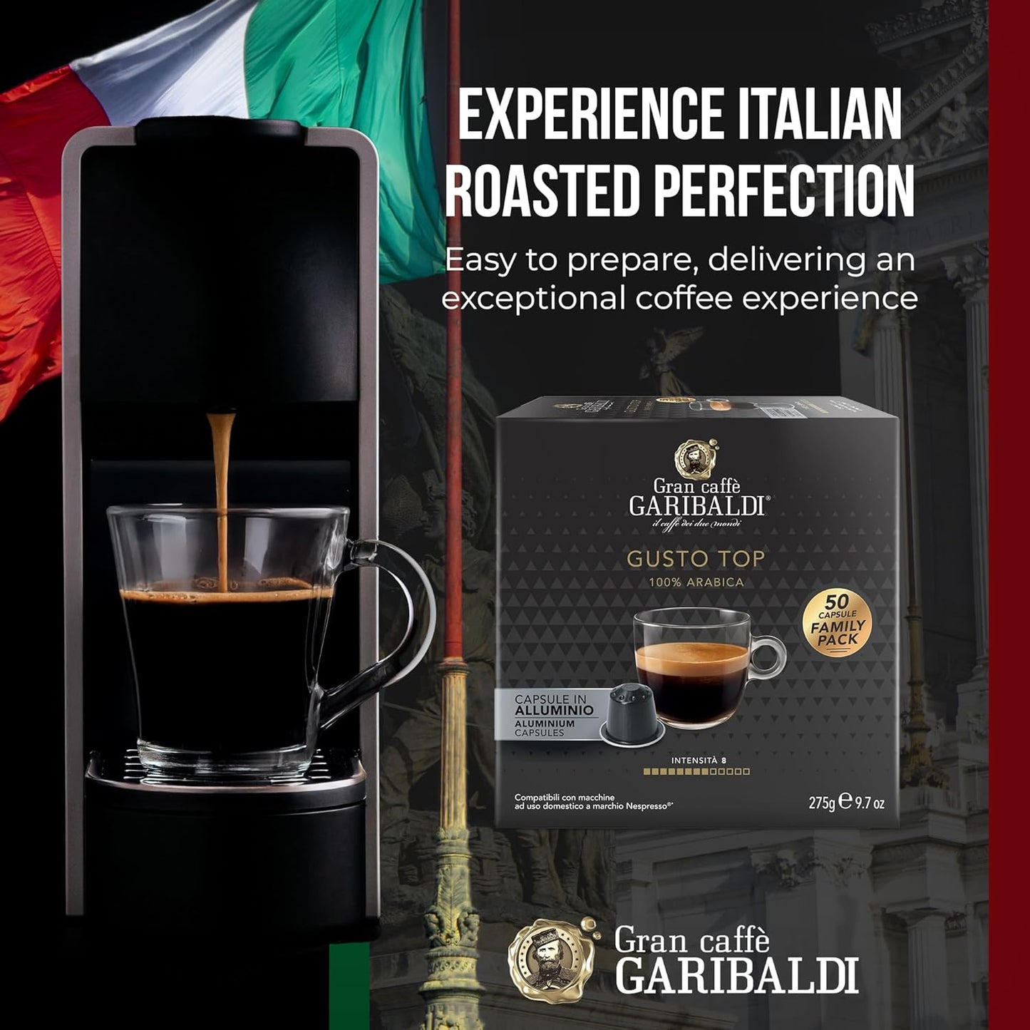 Gran Caffè Garibaldi Espresso Pods, Italian Roasted Compatible Nespresso Original Line Machines, 100% Arabica Blend, Brazilian & Central American Beans, Cocoa Aroma - Gusto Top (Aluminum) 200 Cups