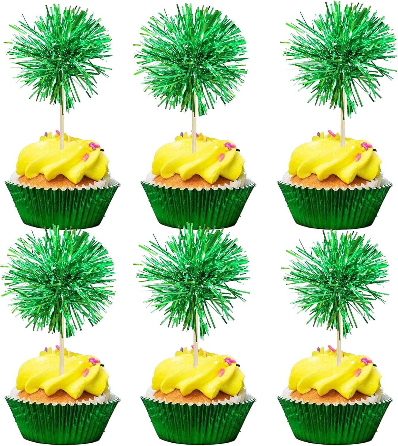 Gyufise 30Pcs Foil Firework Cupcake Toppers Sparkle Tinsel Cake Toppers Tinsel Drink Cake Decoration Cocktail Picks for Birthday Wedding Graduation Party Supplies Dark Green
