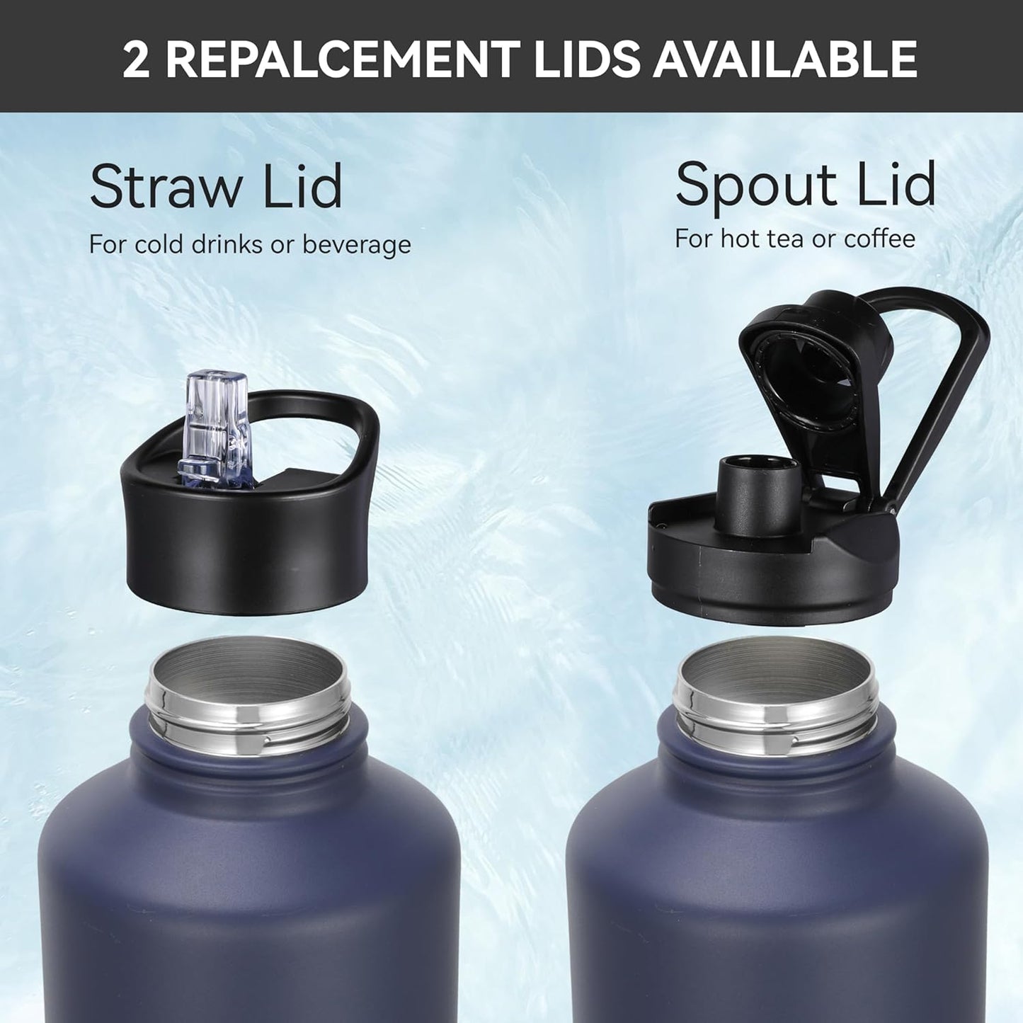 HASLE OUTFITTERS Half Gallon Insulated Water Bottles 64 oz, Stainless Steel Metal Water Jug with 2 Lids Keep Cold 48h/Hot 24h, Leak Proof & BPA-Free Water Flask Jug(Navy,1)