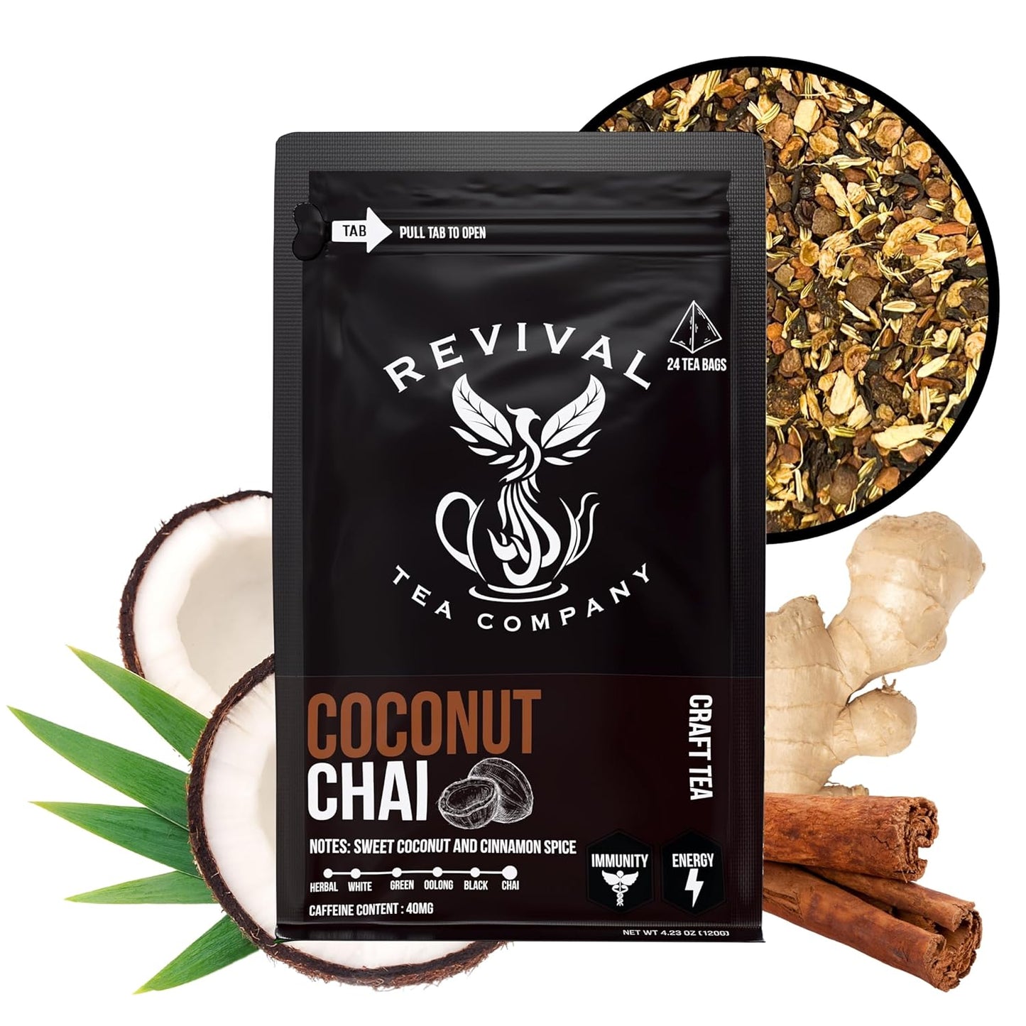 Revival Tea Company Coconut Chai Tea - Black Tea Blend with Fresh Spiced Chai and Coconut Flavor - 24 Tea Bags