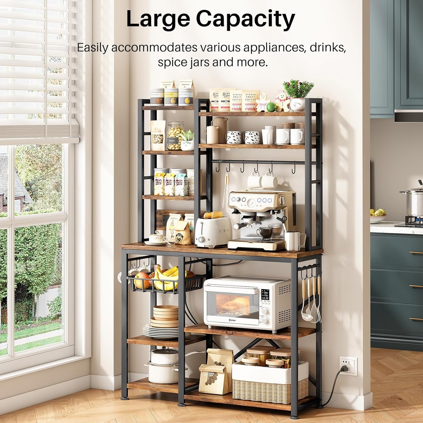 Baker Rack with Power Outlet - Microwave Stand with Storage, Large Coffee Bar Station with 14 Hooks, Metal Kitchen Shelf Rack for Spices, Pots (Rustic Brown)