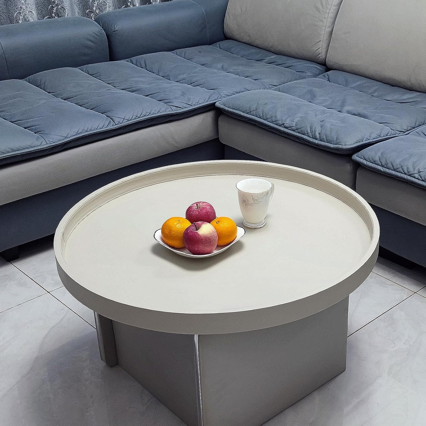 30 * 30 inches high-end Light Luxury Leather Round Oversized Service Tray, Ottoman Tray，Coffee Tray, Food Tray, Family Dinner, Out-of-House Picnic, Party Essential Tray (30 inch Beige)