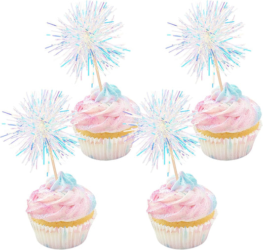 30 PCS Foil Firework Cupcake Toppers Happy Birthday Cupcake Toppers Sparkle Tinsel Flower Drink Stirrers Cocktail Fruit Toothpicks for Valentine's Day Baby Shower Party Cake Decor Supplies White