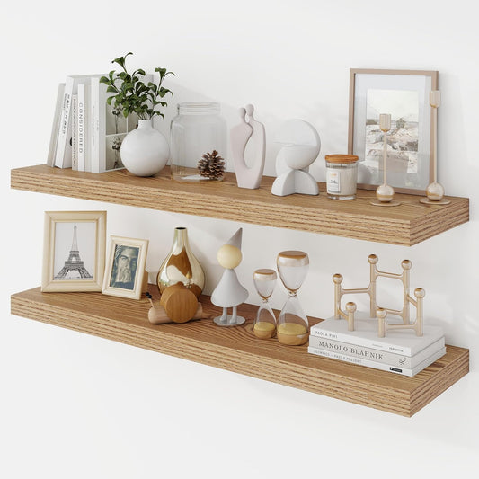 36 Inch Floating Shelves, 9.3" Deep Floating Shelf Wall Mounted, 36" Wall Shelves, Rustic Deep Bookshelf, Large Display Shelves & Storage Shelves for Bedroom, Living Room, Light Brown, Set of 2