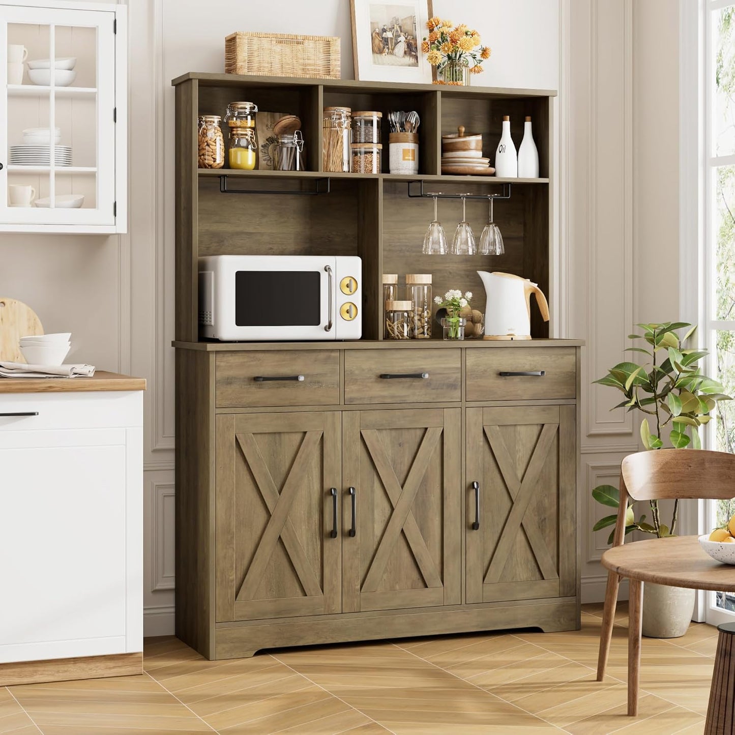 HOSTACK Buffet Cabinet with Hutch, Modern Farmhouse Kitchen Buffet Sideboard Storage Cabinet with 3 Drawers, Barn Door Coffee Bar Station for Dining Room, Living Room, Rustic Brown