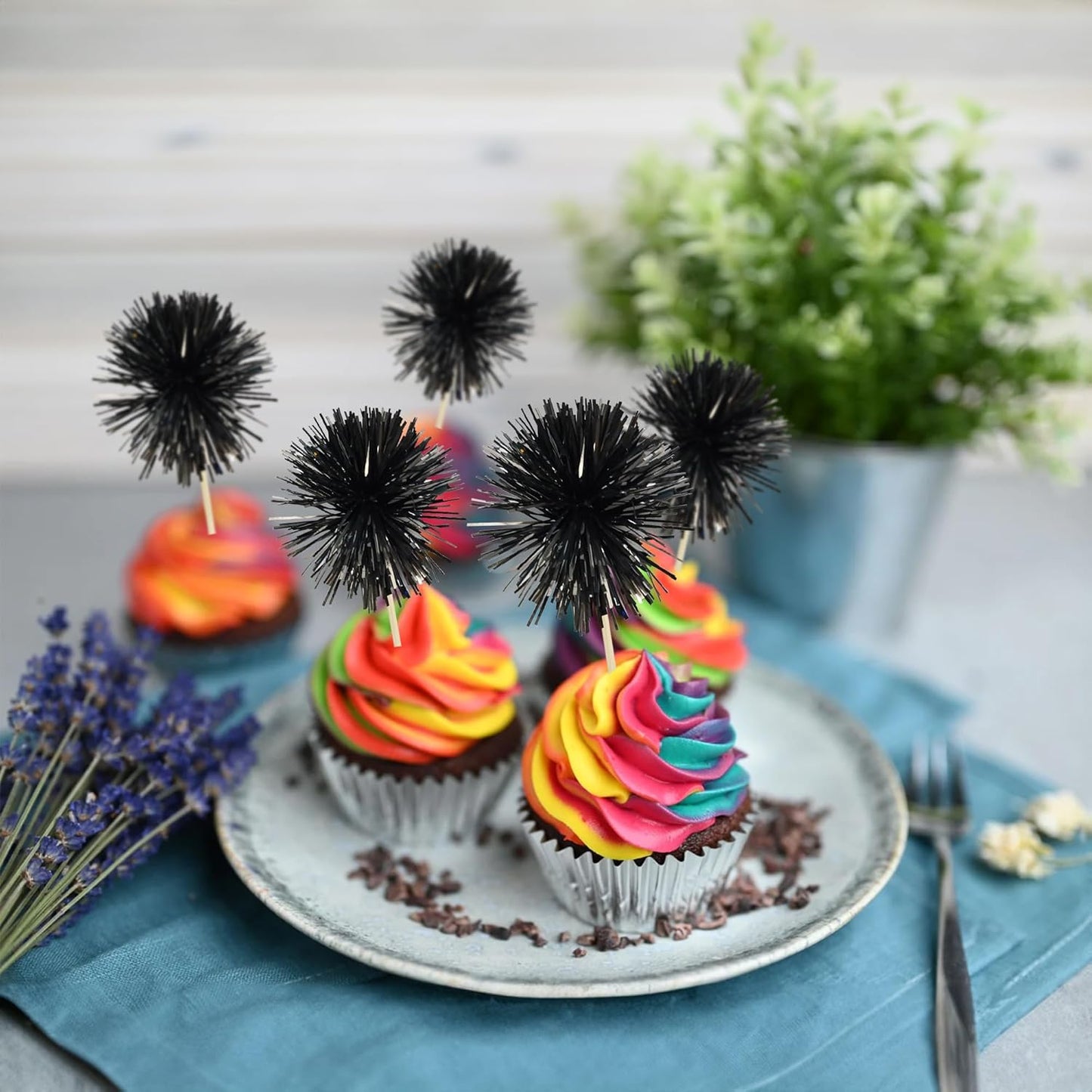 Gyufise 30Pcs Foil Firework Cupcake Toppers Sparkle Tinsel Cake Toppers Tinsel Drink Cake Decoration Cocktail Picks for Birthday Wedding Graduation Party Supplies Black