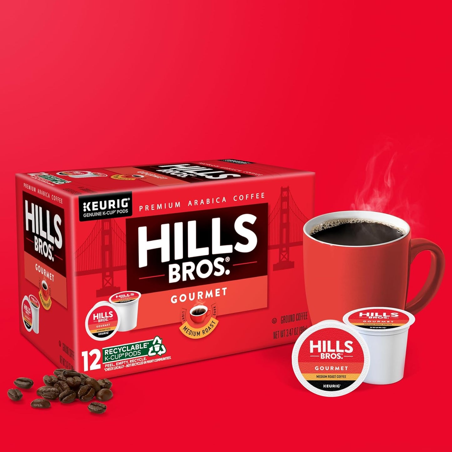 Hills Bros. Gourmet Blend Keurig K-Cup Pods for Keurig Brewers – Medium Roast Premium Arabica Blend, Kosher – 1 Pack of 12 Single Serve Pods