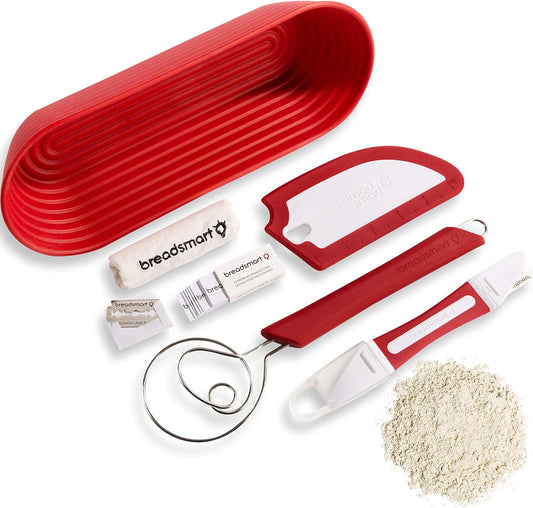 Artisan Bread Making Kit - 5 PC Baking Supplies Set - Lame, Scraper, Whisk, Proofing Basket & Cotton Liner - Red