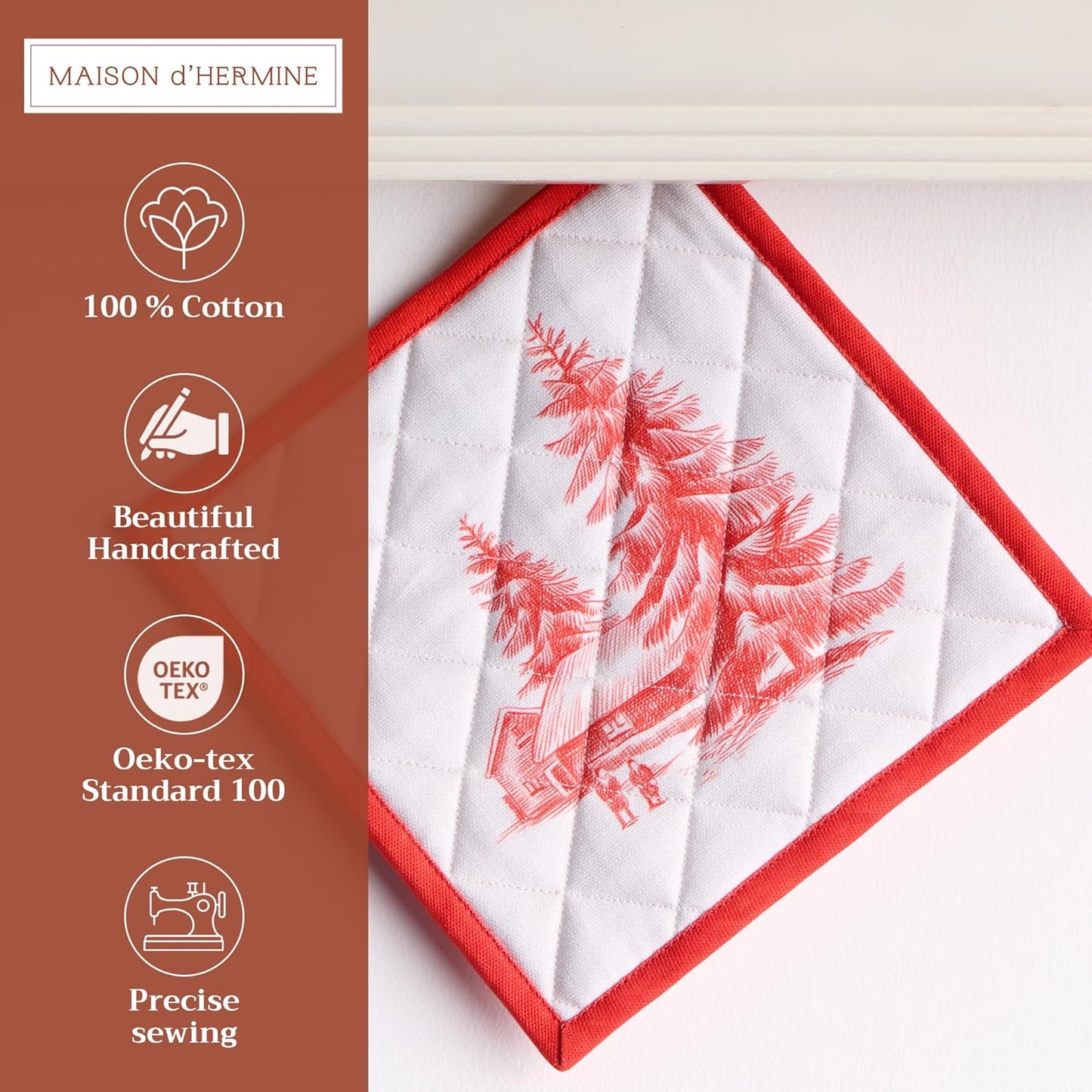 Maison d' Hermine Pot Holders 100% Cotton Heat Resistant Potholders 8" x 8" Hot Pads with Loop BBQ, Cooking, Baking, Grilling, Kitchen, Handling Hot Pans (Pack of 1, Winter Jouy)