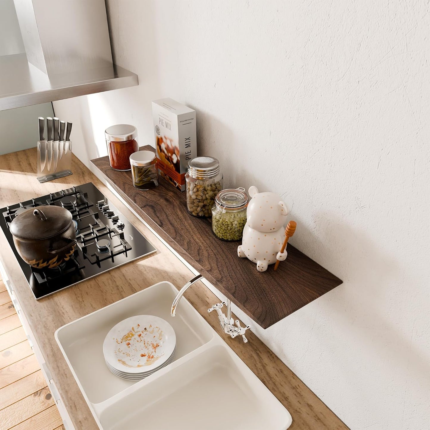 24’’ Black Walnut Floating Shelves - 6 Inch Deep Solid Wood Floating Shelf for Wall, Rustic Zen TV Shelf Wall Mounted, Live Edge Shelf with Invisible Brackets for Living Room, Bedroom, Kitchen.