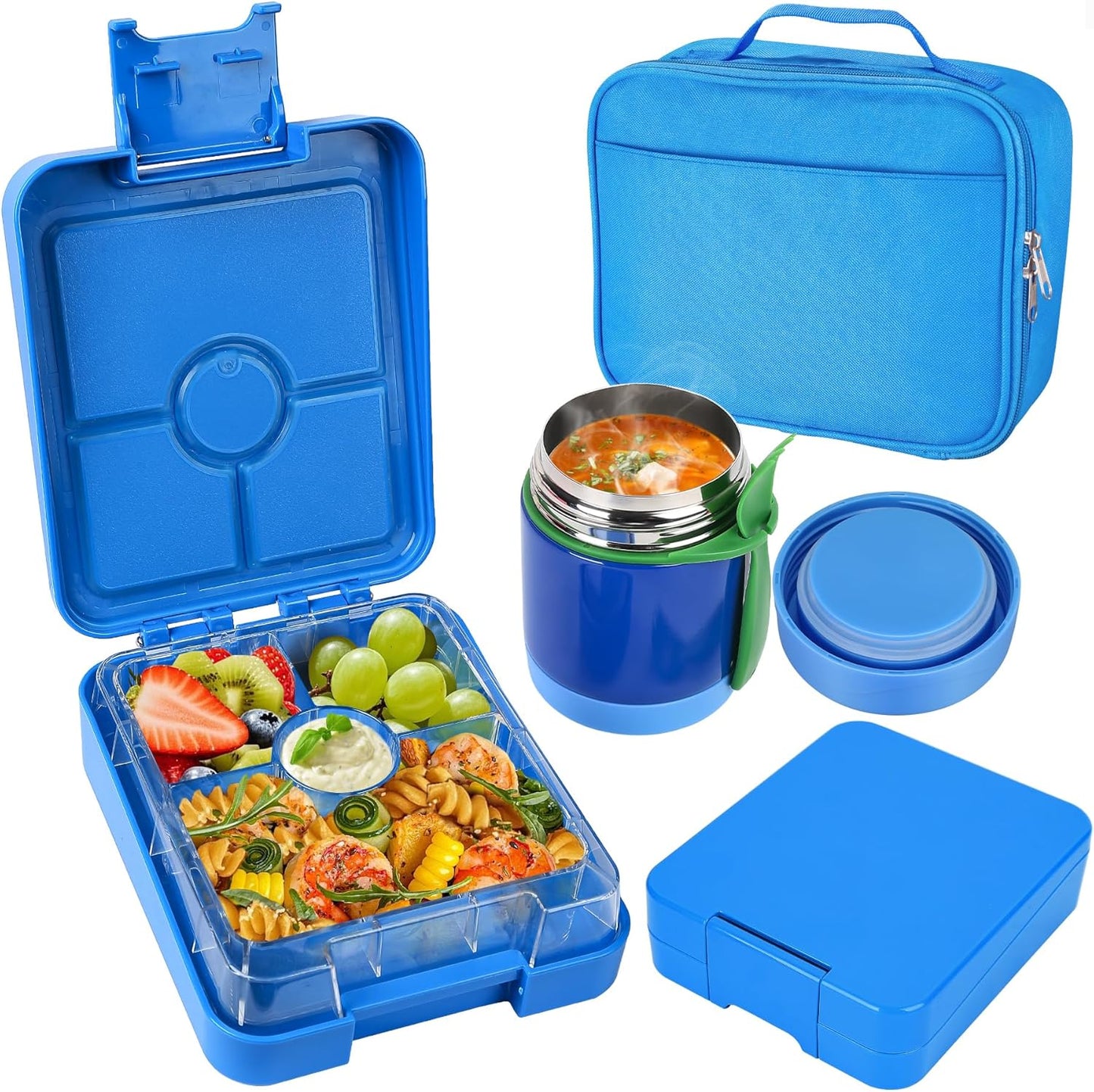 Bento Lunch Box Set With 10oz Soup Thermo, Leak-proof Lunch Containers with 4 Compartment, Kids Hot Thermo Food Jar/Insulation Lunch Bag, Food Containers for School （Blue）