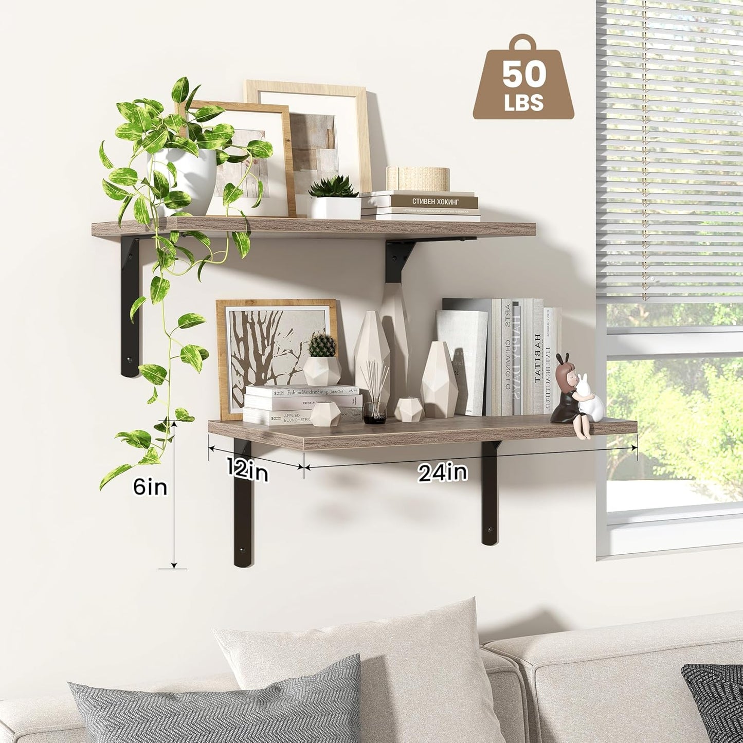 Fun Memories Floating Shelves for Wall, 12 Inch Deep Floating Shelves Set of 2, Wall Mounted Shelf with Metal Brackets, Rustic Wood Wide Shelf for Bathroom, Kitchen and Living Room, Grey, 24W x 12D