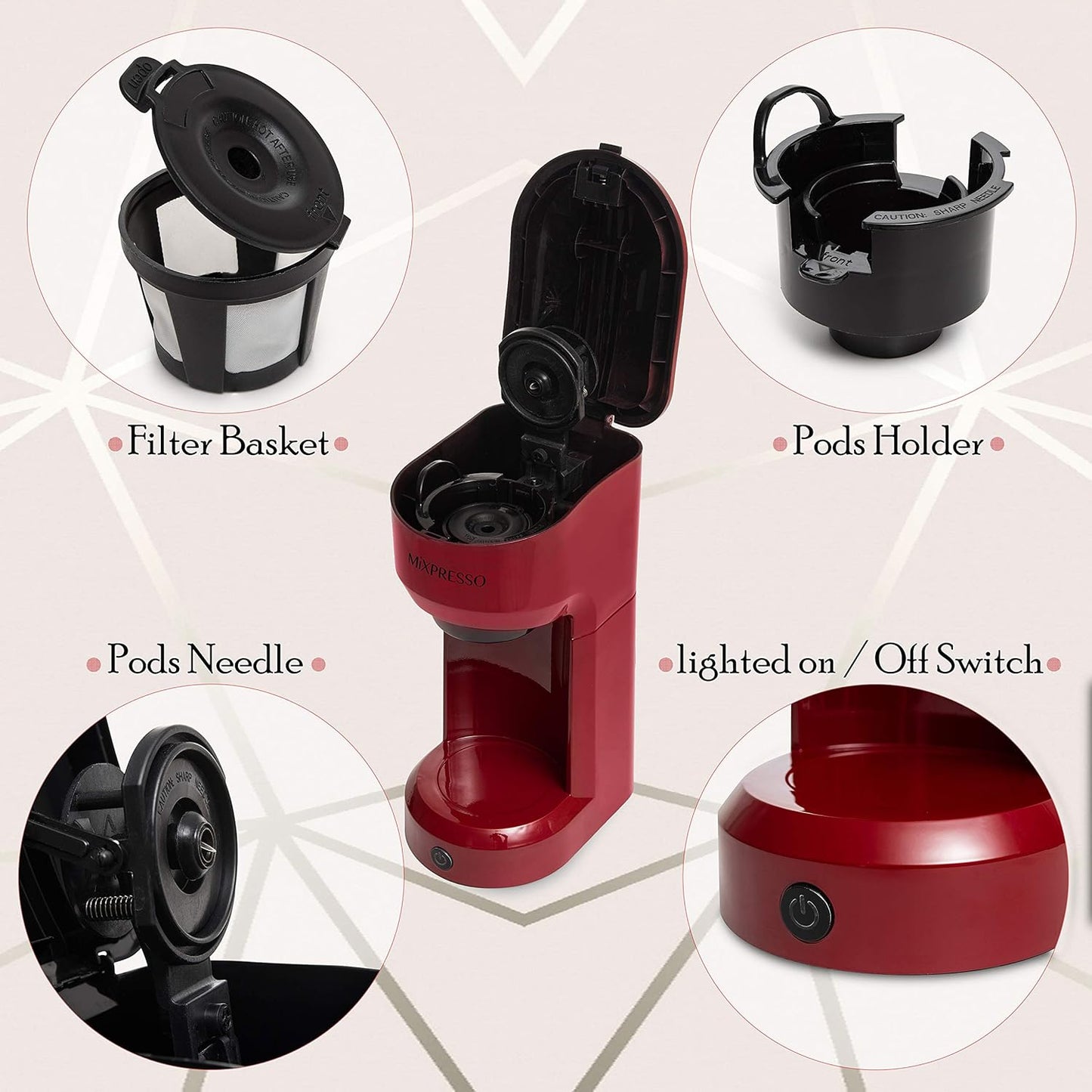 Mixpresso 2 in 1 Coffee Brewer, Single Serve & Personal Coffee Maker, Compact Size Mini, Quick Brew Technology, 14oz Red