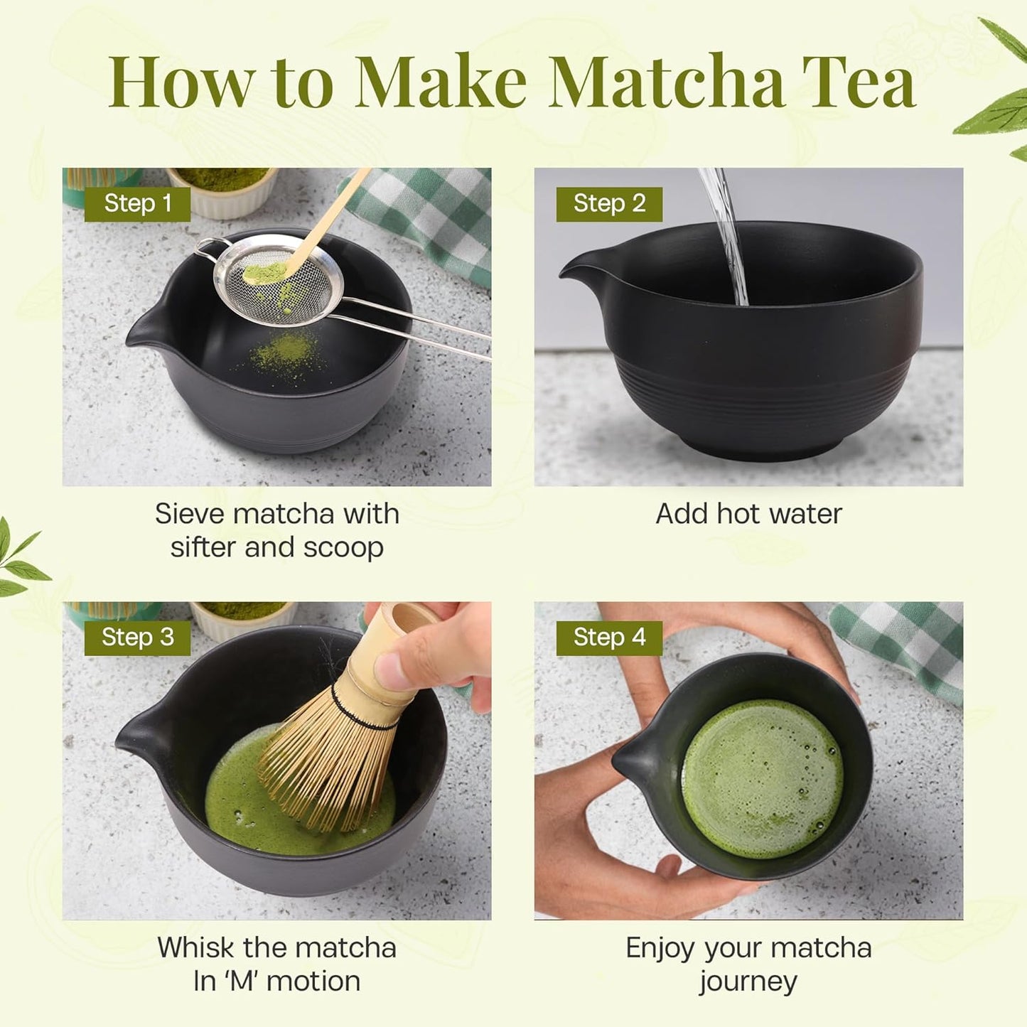 Matcha Whisk Set,includes Matcha Bowl,Matcha Whisk and Holder by Bamboo, Spout, Matcha Sifter Strainer Spoon Scoop Chasen Holder Towel- Perfect Japanese Matcha Set(8 Pcs black)