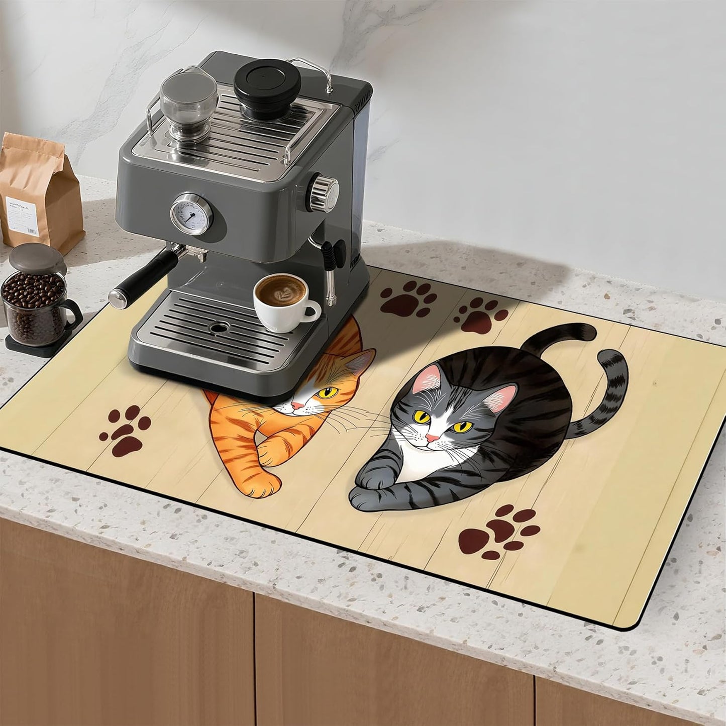 17"x 32" Coffee Bar Mat, Cats Absorbent Dish Drying Mat Cuttable Hide Stain Draining Table Pad for Kitchen Counter, Coffee Bar Accessories