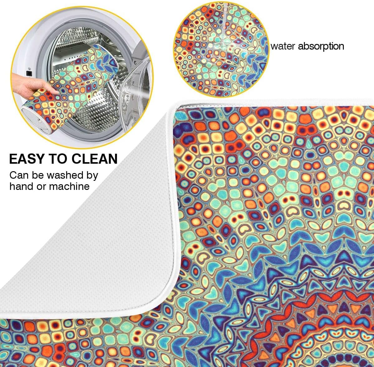 Bohemian Mandala Dish Drying Mat for Kitchen Counter Boho Ethnic Drying Mat 16 x 18 Inch with High Absorbent Reversible Microfiber Dish Drying Pad Dish Rack Pad Drainer Mat for Coffee Bar