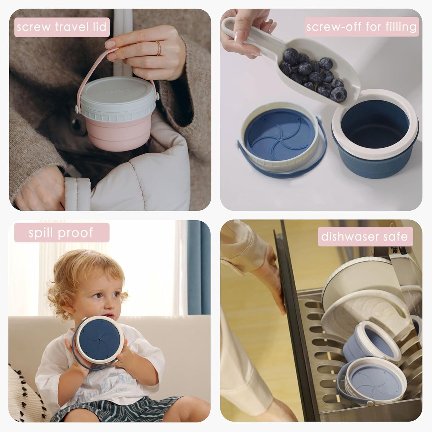 No Spill Silicone Toddler Snack Containers, Detachable Silicone Flap for Filling&Cleaning, Crumb-Free Hard Plastic Screw Travel Lid, Ultra-Soft for Baby Kids Hand In-Out, Snack Cup Holder 12 oz