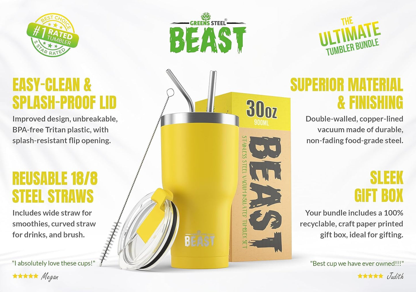 Beast 30 oz Tumbler Stainless Steel Vacuum Insulated Coffee Ice Cup Double Wall Travel Flask (Lemon)