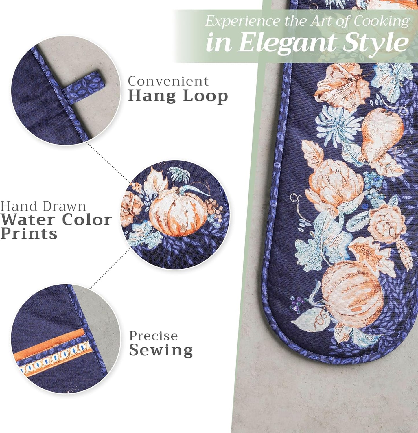 Maison d' Hermine Double Oven Mitts 100% Cotton 7"x35" Double Oven Mitt Heat Resistant BBQ Cooking Gloves with Loop, Baking, Grilling, Home, Kitchen, Handling Hot Pans (Pumpkin Blues)