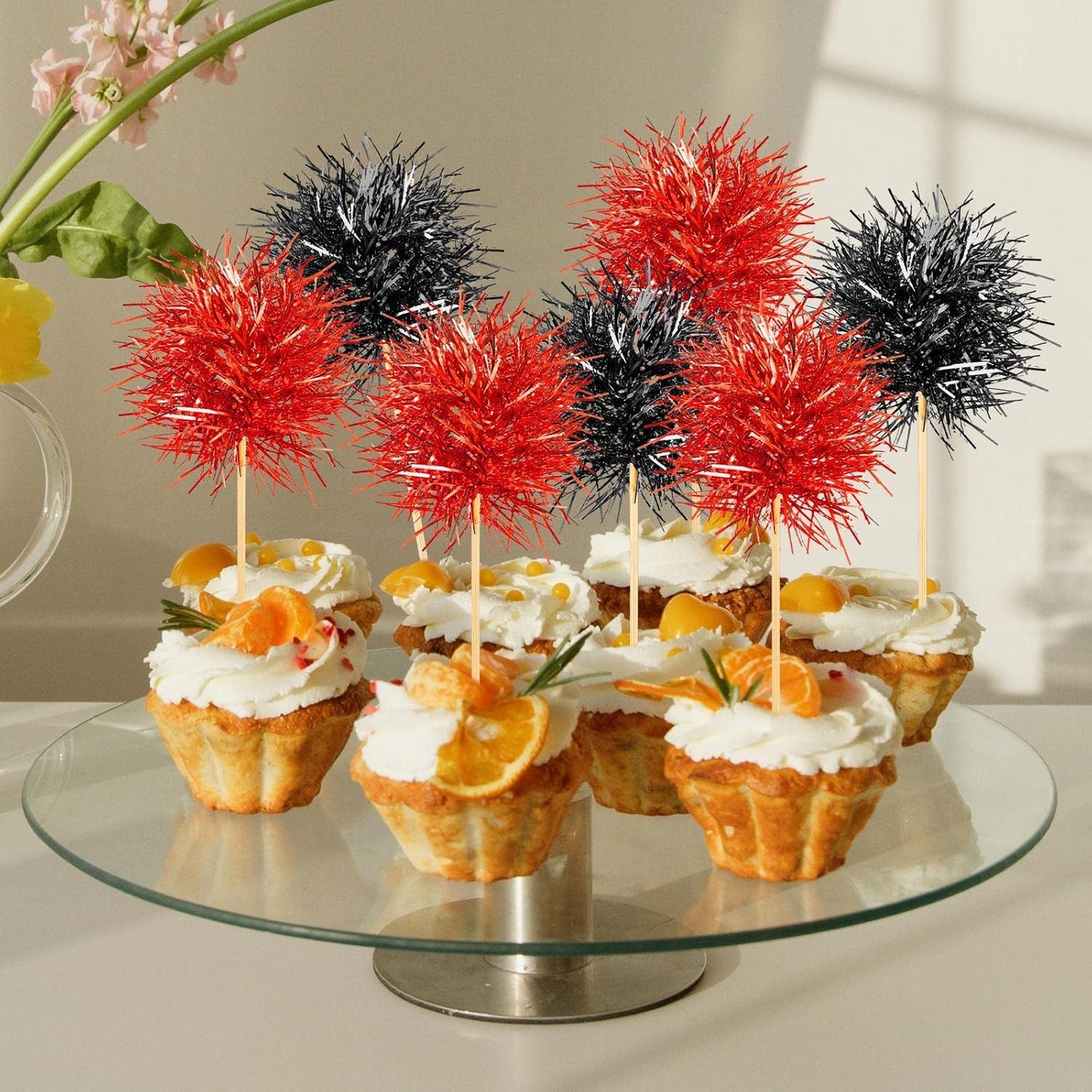 Chinco 100 Pcs Foil Firework Cupcake Toppers Sparkle Tinsel Cake Toppers Cake Decoration Cocktail Fruit Toothpick for Birthday Wedding Graduation Party(Red, Black)