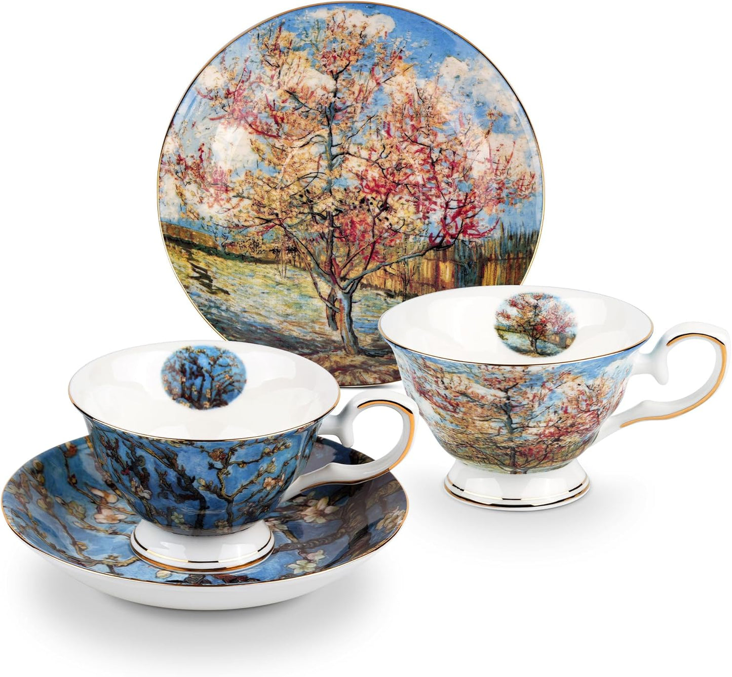 Floral Tea Cups Saucers Set of 2, Van Gogh Paintings Bone China 7 oz British Teacups Porcelain Coffee Cup for Rose Tea Cappuccino Espresso Latte (Apricot & Peach Blossom)