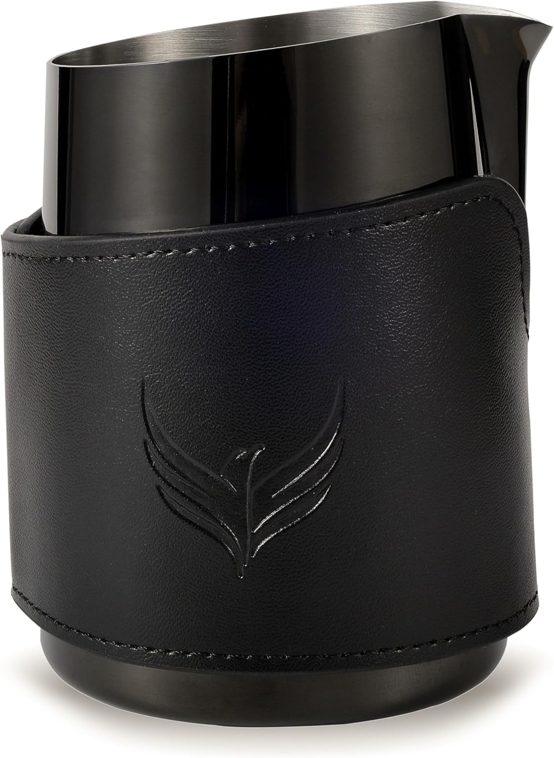 Espresso Pitcher For Latte Art Premium Handleless Design Stainless Steel Pitcher with Leather Sleeve 14oz Milk Frother Jug Gift For Espresso Lovers (Black)