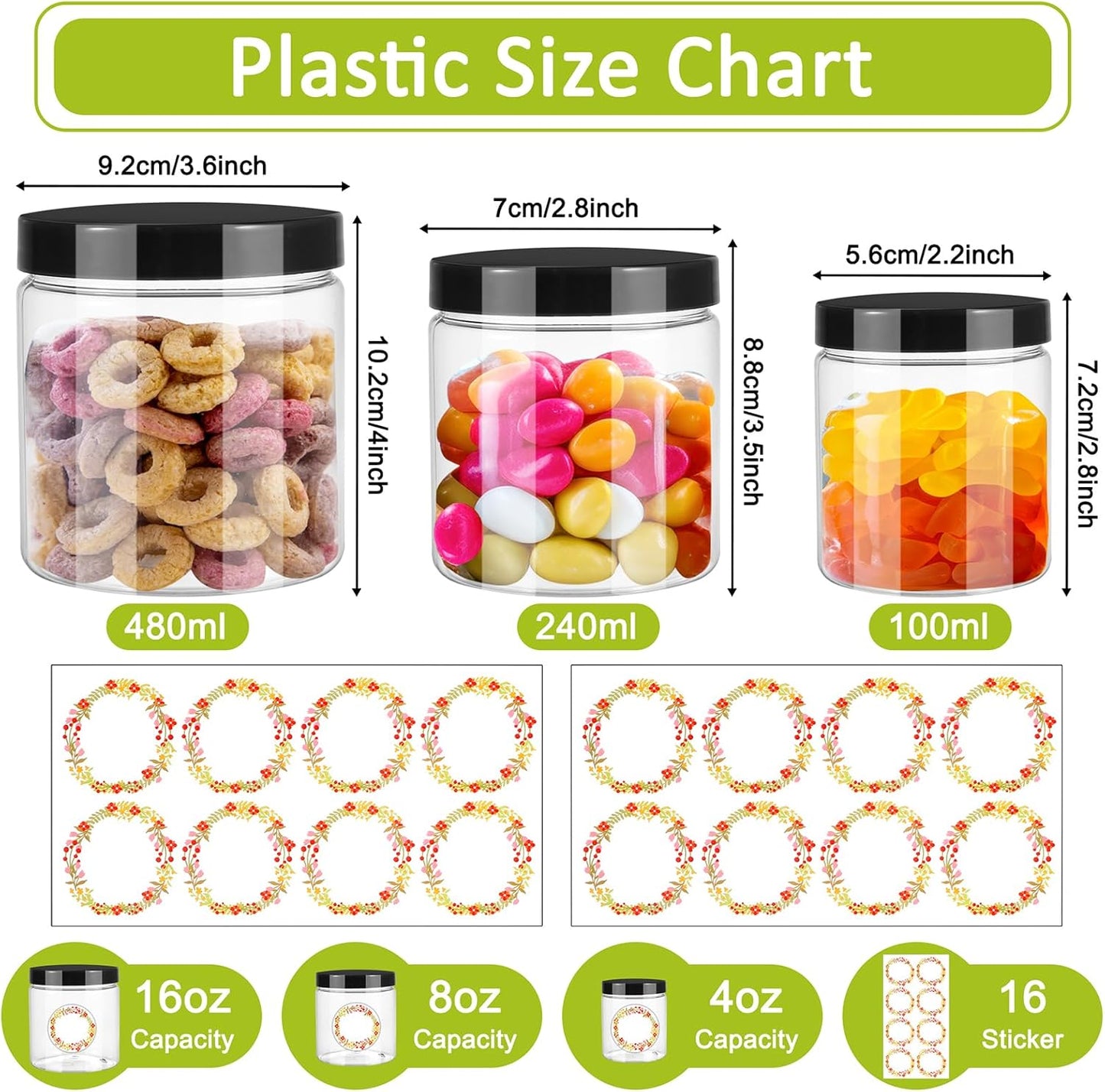 12pcs Plastic Jars with Lids 16 oz & 8 oz & 4 oz, Leakproof Storage Containers Clear Plastic Mason Jars for Peanut, Spice, Cookie, Candy and Dry Food Wedding Shower Party Favors