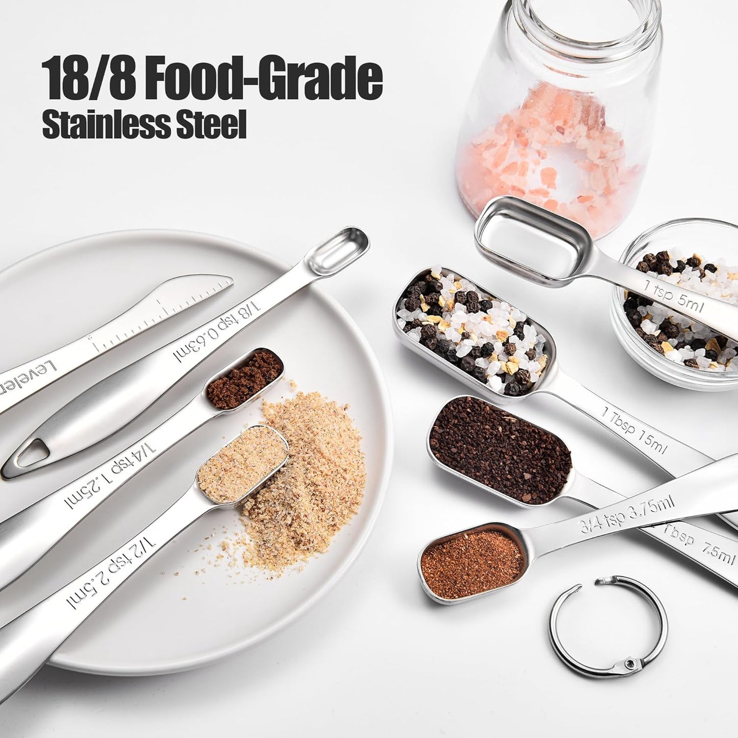 18/8 Stainless Steel Measuring Spoons: Doosu Heavy Duty Rectangular Spoon Square Teaspoon Tablespoon Scoop with Slim Long Handle in Narrow Spice Jar for Kitchen Baking Cooking (Set of 8 with Leveler)