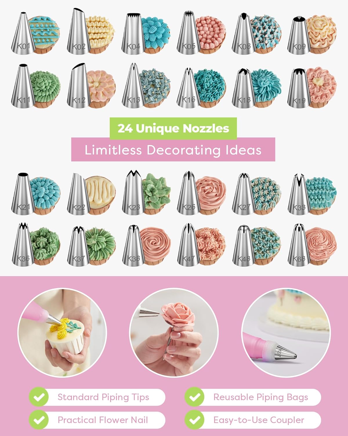 Kootek 32-Piece Piping Bags and Tips Set with 24 Icing Piping Tips, 2 Reusable Pastry Bags 12 Inch, Reusable Piping Icing Bags and Tips, Cake Decorating Kit for Frosting Cookie, Cupcake