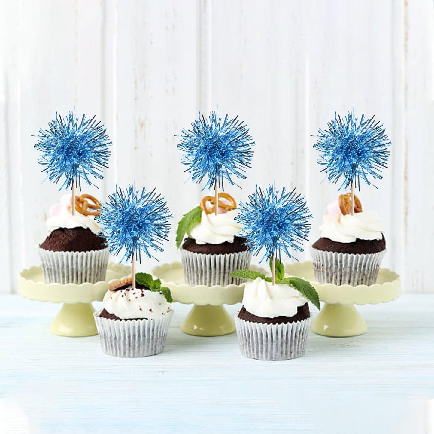 40 PCS Foil Firework Cupcake Toppers Light Blue Sparkler Cupcake Picks Sparkle Tinsel Fireworks Decorations Cocktail Fruit Toothpick for Firework Theme Birthday Wedding Graduation Party Decor Supplies