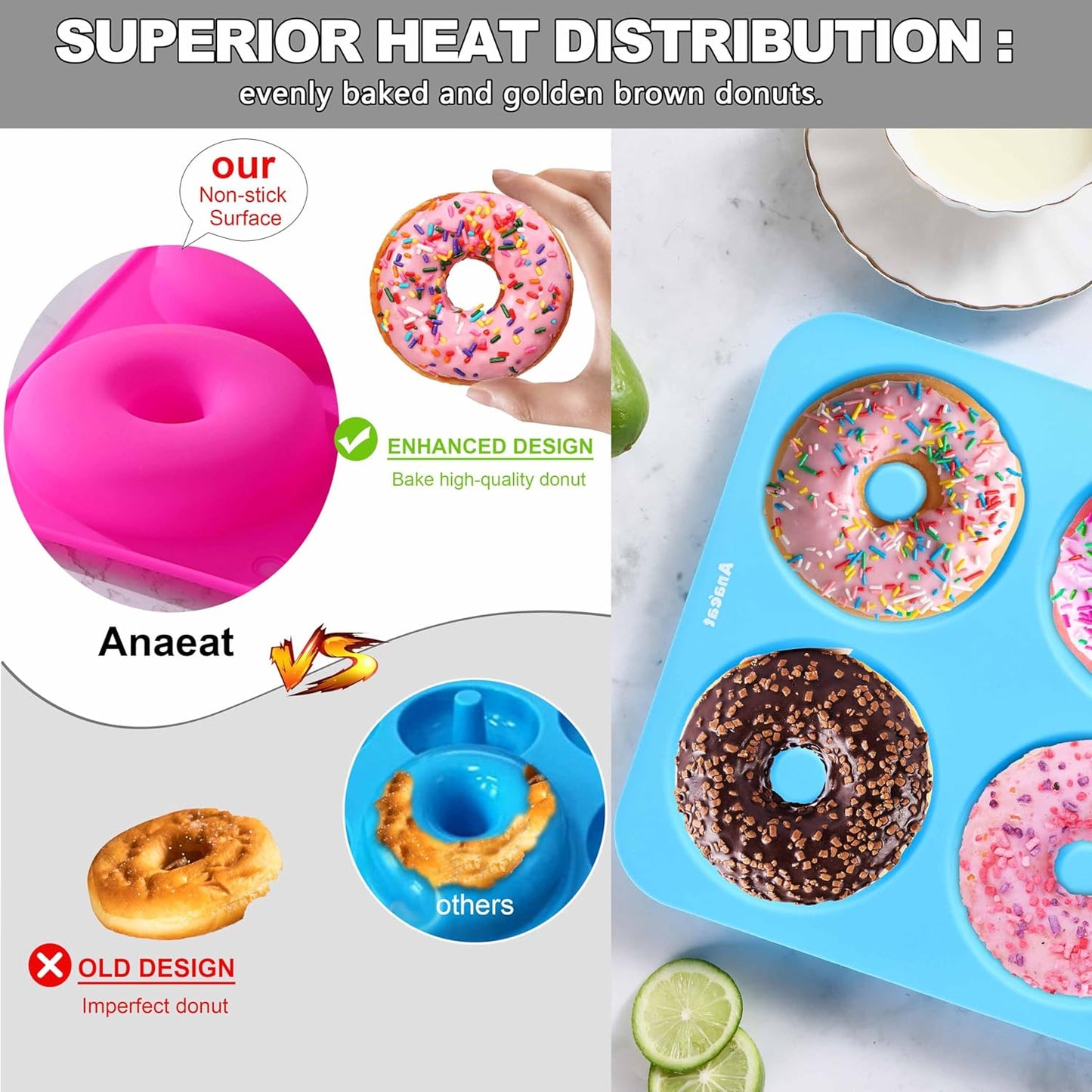 Anaeat Full Size Donut Baking Pans 3 Pack, Big Size 4 Inch Silicone Baking Mold, Just Pop Out! Non Stick 6-Cavity Doughnut Trays for Bagels Donuts Cake Biscuit - BPA Free & Dishwasher Safe (3 colors)