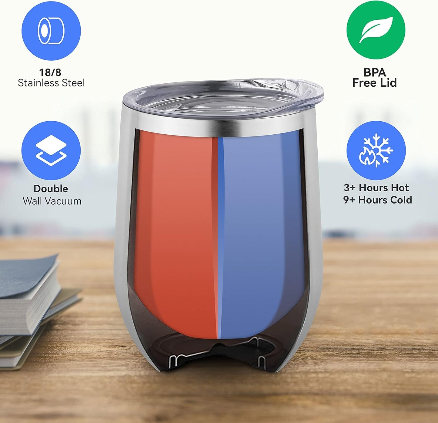 DOMICARE Stainless Steel Wine Tumbler Bulk with Lid, Personalized Insulated Tumblers Set, 12oz Travel Coffee Cups Pack of 4, Stainless steel