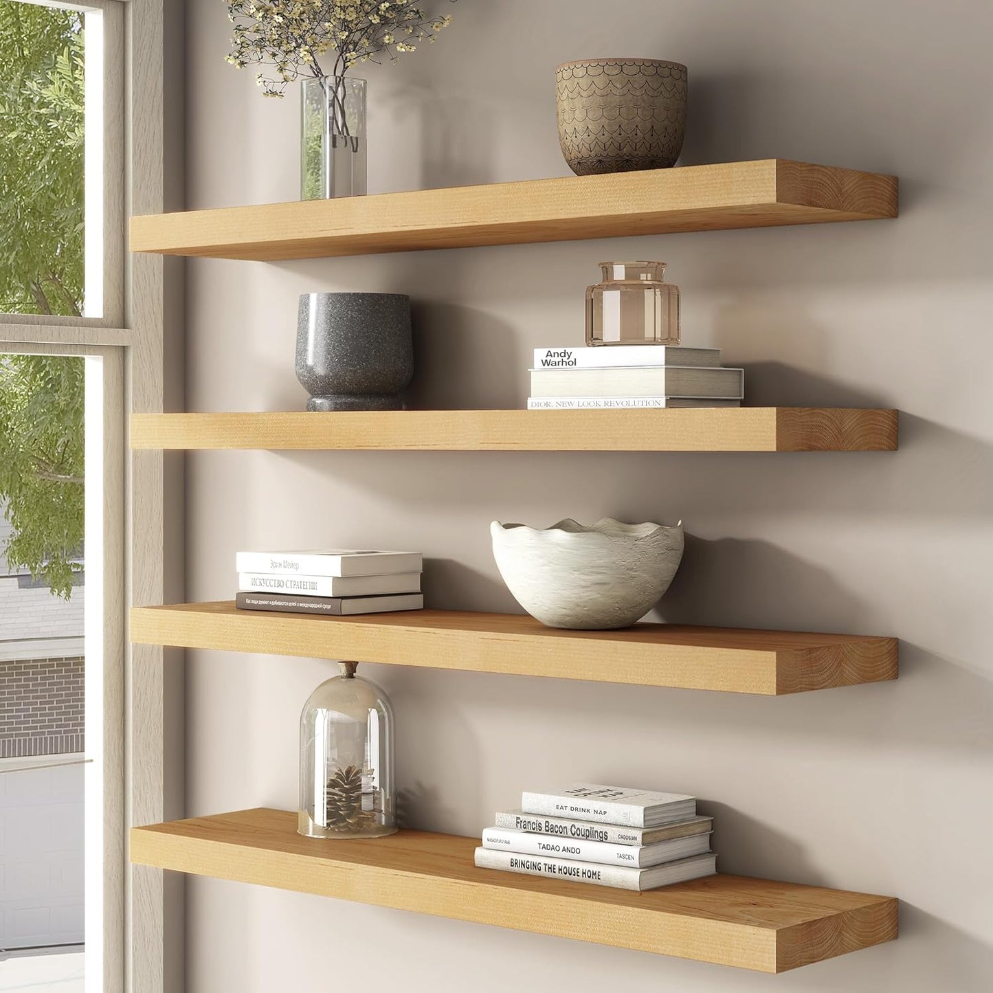 Floating Shelves for Wall, USA-Sourced Brich Wood 55 Inch Long Wall Shelves, Natural Wooden Mounted Picture Ledge Shelf, Nursery Book Storage Shelf Kids Bookshelf, Display Shelf for Bathroom