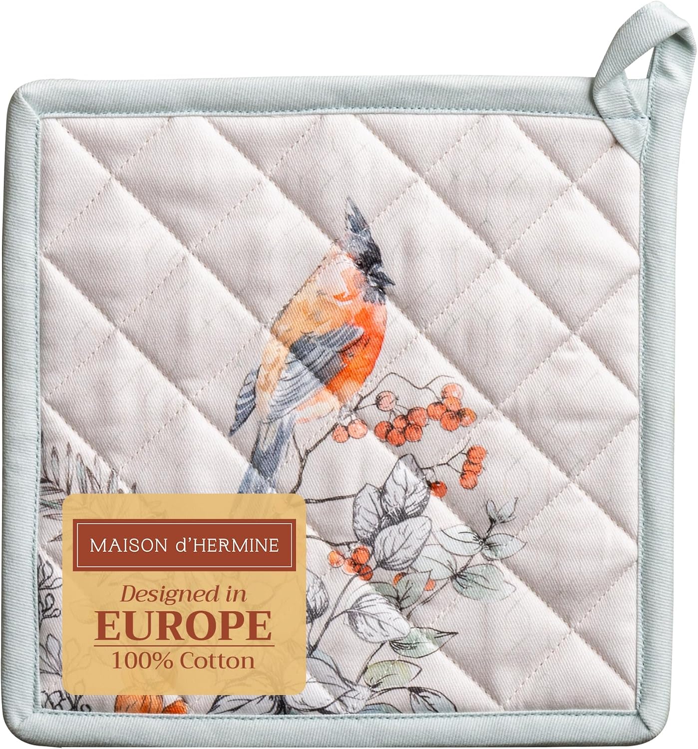 Maison d' Hermine Pot Holders 100% Cotton Heat Resistant Potholders 8" x 8" Hot Pads with Loop BBQ, Cooking, Baking, Grilling, Kitchen, Handling Hot Pans (Pack of 1, Whitish Shabby Chique)