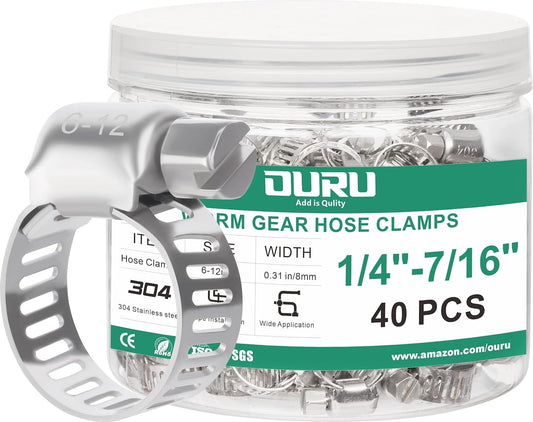 40PCS Hose Clamps Stainless Steel Adjustable 1/4"– 7/16"(6-12mm) Worm Gear Hose Clamp, Heavy Duty Metal Small Hose Clamps for Automotive, Pipe, Radiator Plumbing, Fuel Line