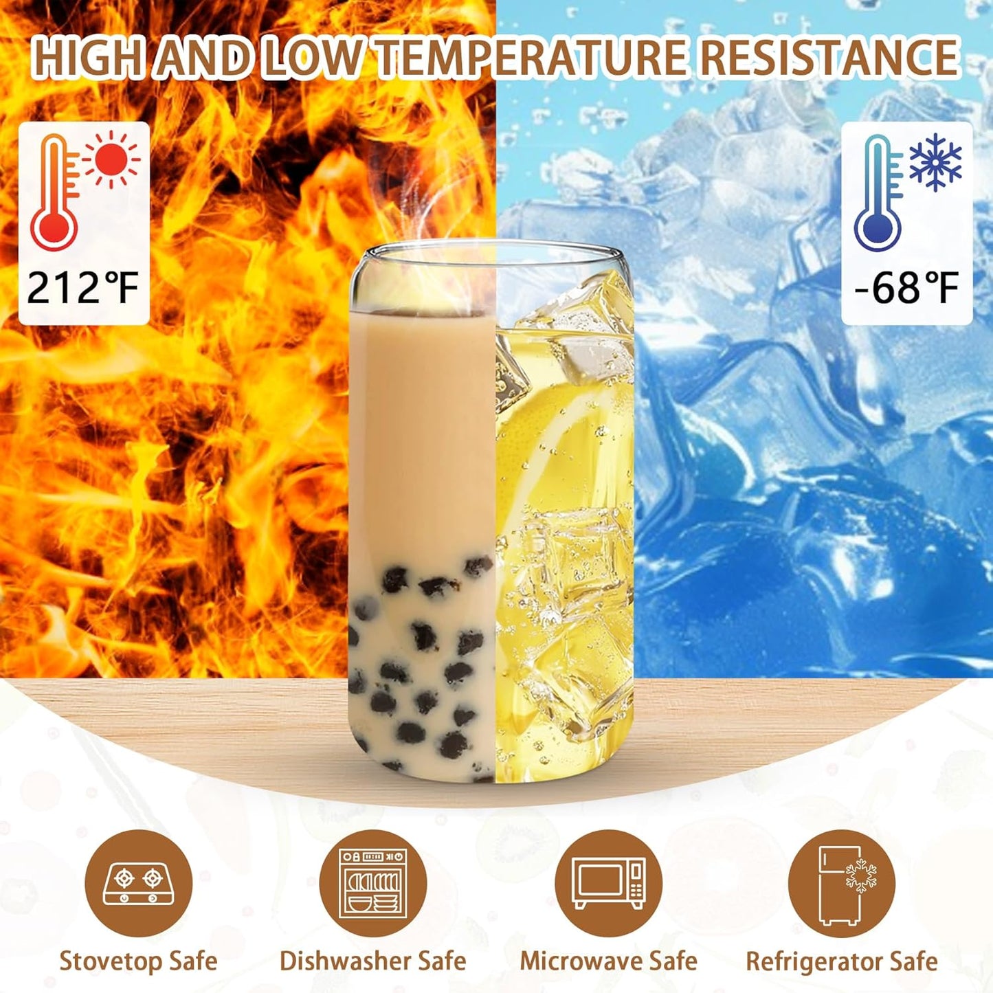 16 OZ Glass Cups with Lids and Straws, 20 Set Can Beer Glass Cups with Bamboo Lids Cute and Reusable Drinking Glasses with Lid Ice Coffee Glasses Great for Beer, Cocktail, Tea and Latte