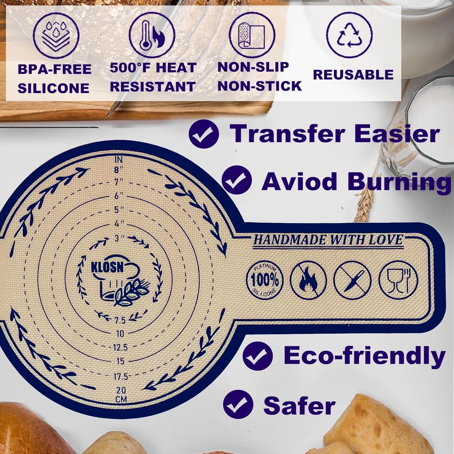 Silicone Bread Sling for Dutch Oven, 2 Pack (8" Round) – Non-Stick & 500°F Heat Resistant Sourdough Mat, Easy to Clean, Reusable Food-Grade Sourdough Slings – Fits 5 qt and up Dutch Ovens