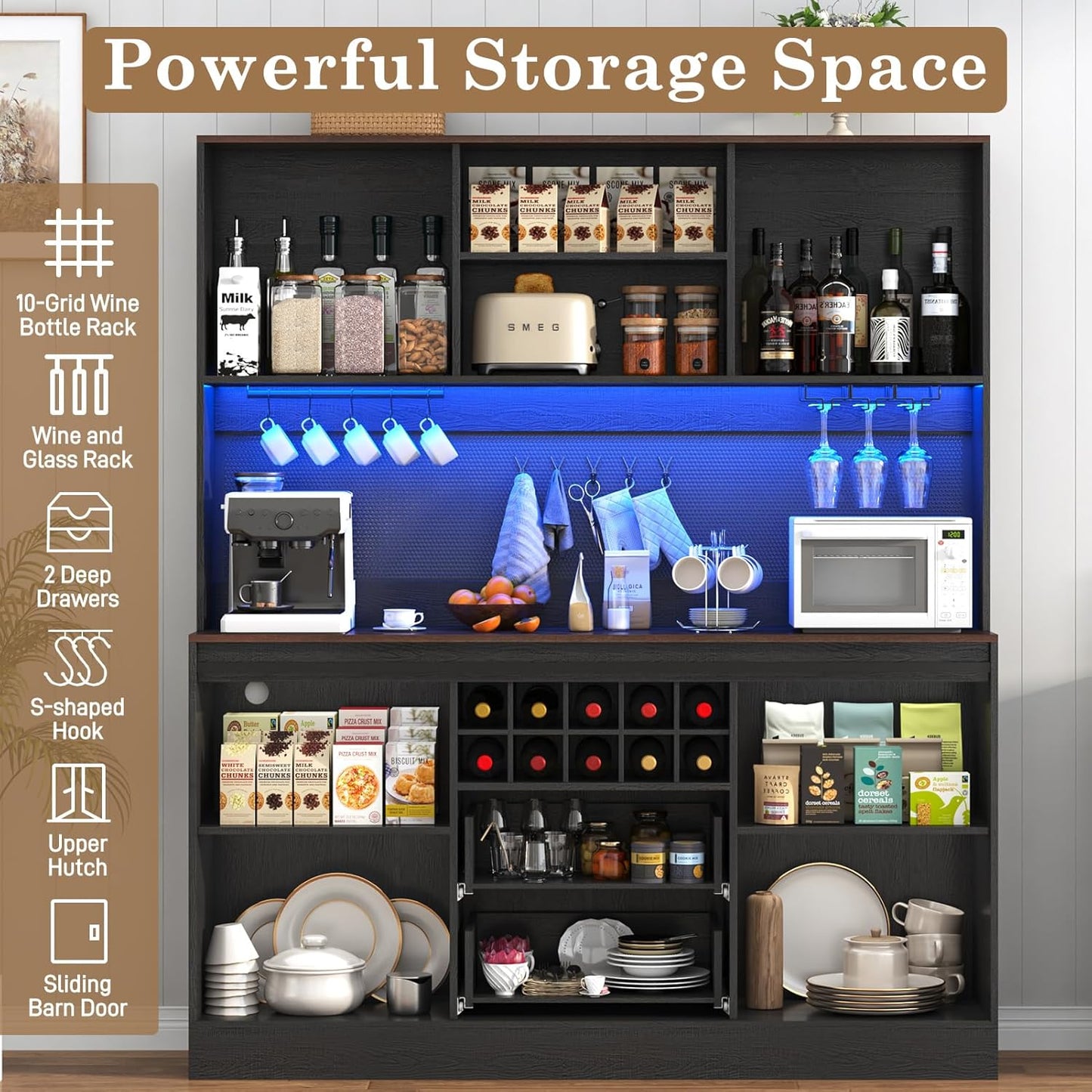 74" Tall 63" Wide Larg Bar Cabinet w/ Outlet,6000-color LED Light,Pegboard,Farmhouse Hutch Bar Cabinet w/Barn Door,2 Big Drawers,Adjustable Shelves,10 Wine & Glasses Rack,5 Hook for Kitchen,Black