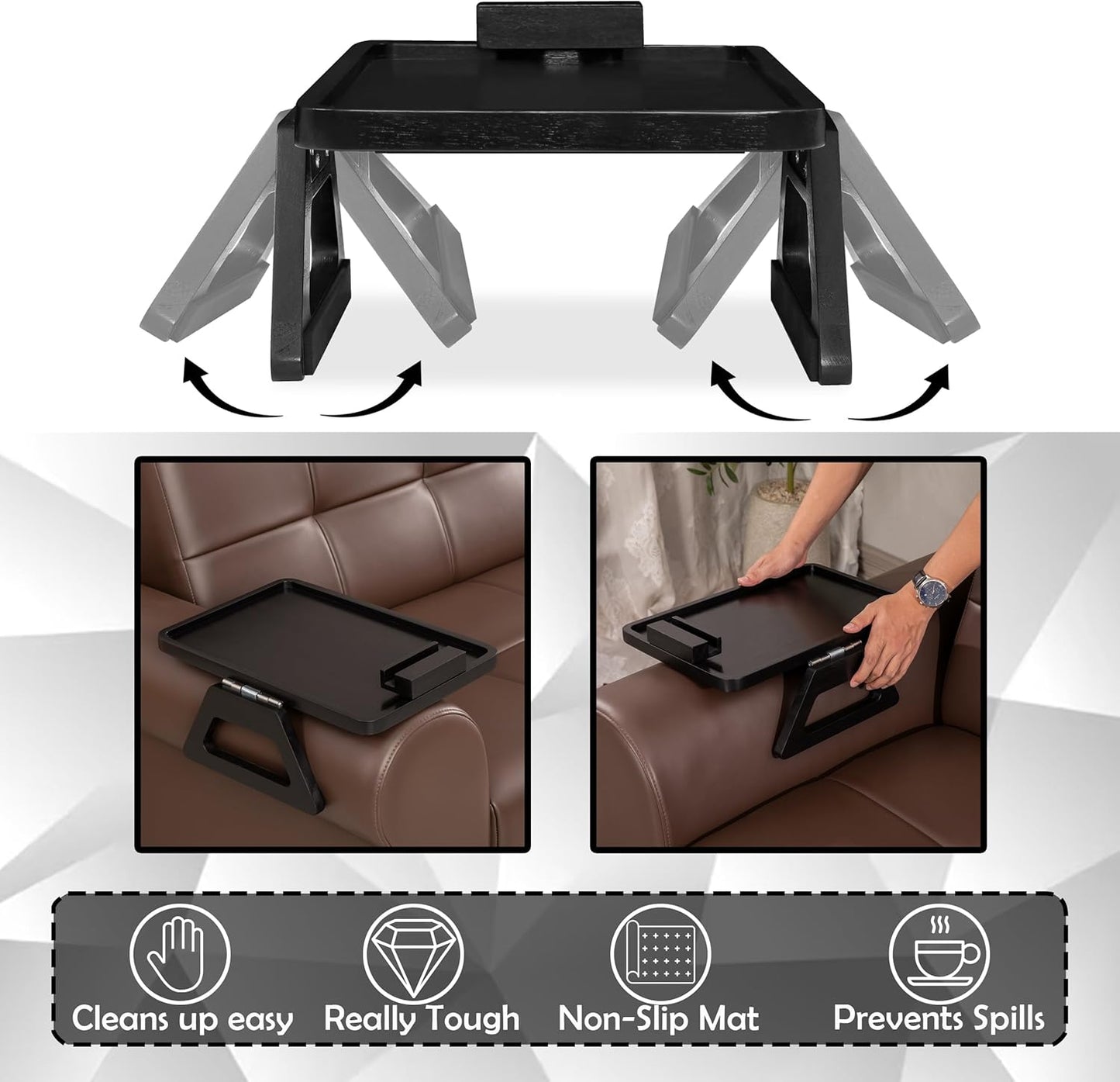 Acacia Wood Sofa Armrest Tray -15.4 x 9.84 in Double Hinge Sofa Arm Tray Table Clip-Couch Arm Table-Wooden Side Tables for Eating and Drink (Acacia, 15.4" D x 9.84" W x 5.7" H)(Black)