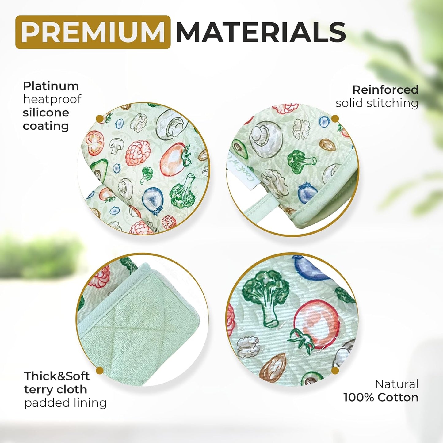 Premium Green Oven Mitts - Stylish and Heat-Resistant - Non-Slip Platinum Silicone Grip - Long and Thick - 100% Natural Cotton Exterior and Soft Terry Cloth Lining - Set of 2 by Cook'n'Chic